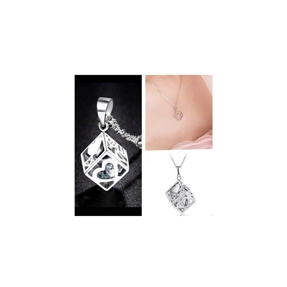 Women Crystal Square Love Pendant 925 Silver Necklace Chain Jewellery Gifts