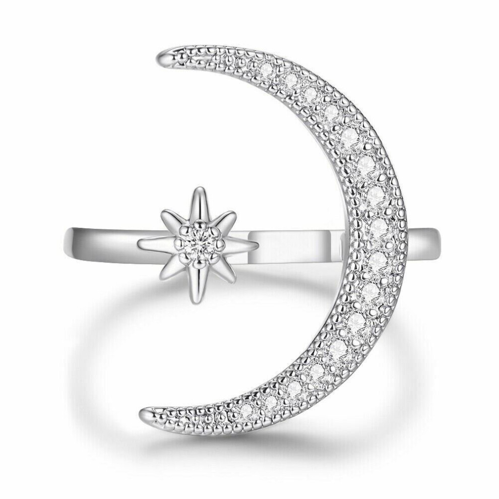 (Moon Silver) 925 Sterling Silver Gold Plated Crescent Moon Star CZ Adjustable Wrap Ring Band