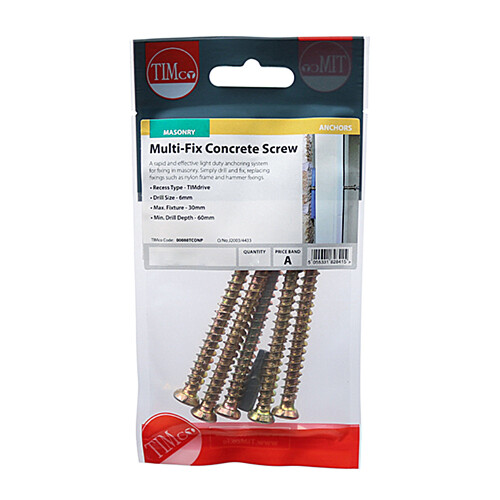 TIMco Timco Yellow Flat Countersunk Multi-Fix Concrete Screws - 7.5 x 50mm ( 8 Pack )