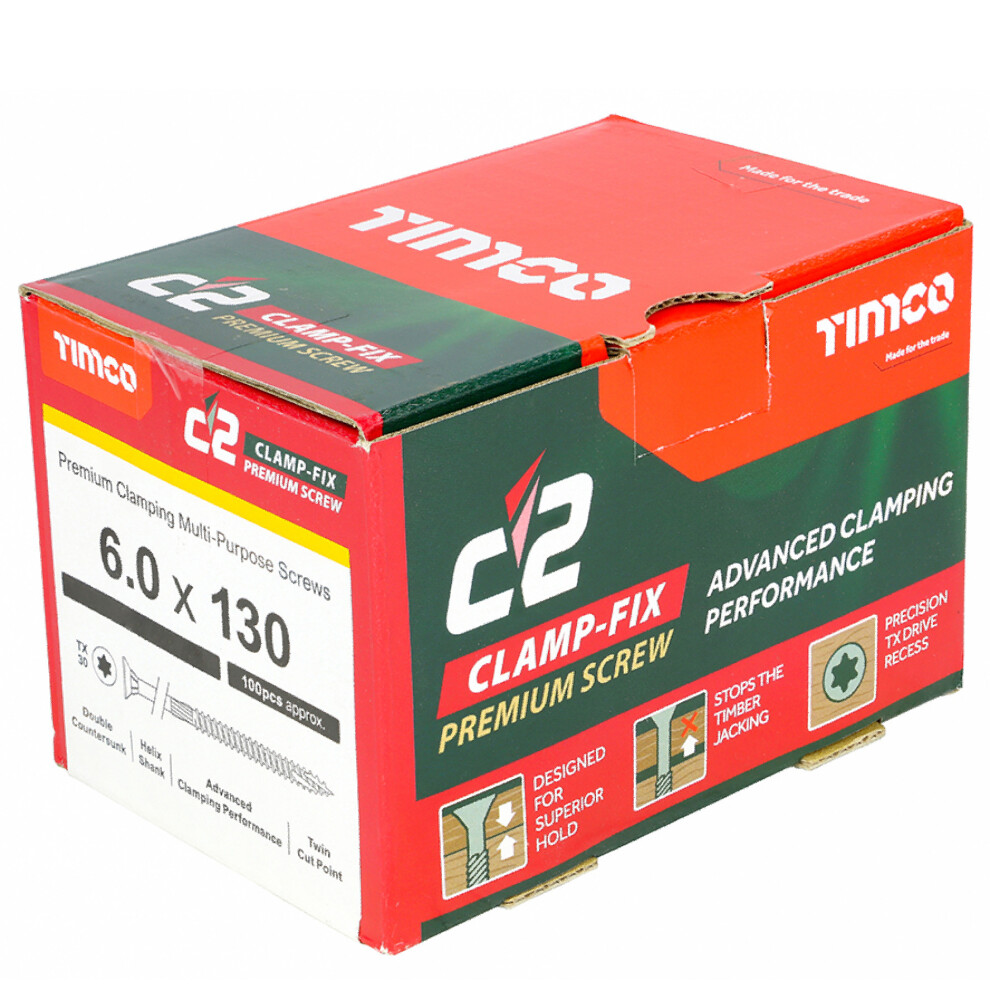 Timco C2 Clamp-Fix Multi-Purpose Premium Countersunk Woodscrews 6.0 X 130Mm (100 Box) Gold