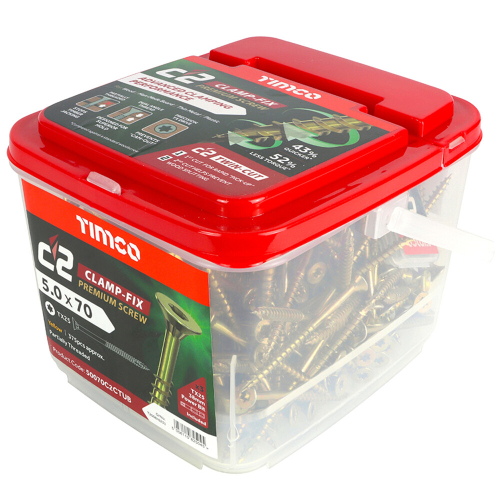 Timco C2 Clamp-Fix Multi-Purpose Premium Countersunk Woodscrews 5.0 X 70Mm (375 Tub) Gold