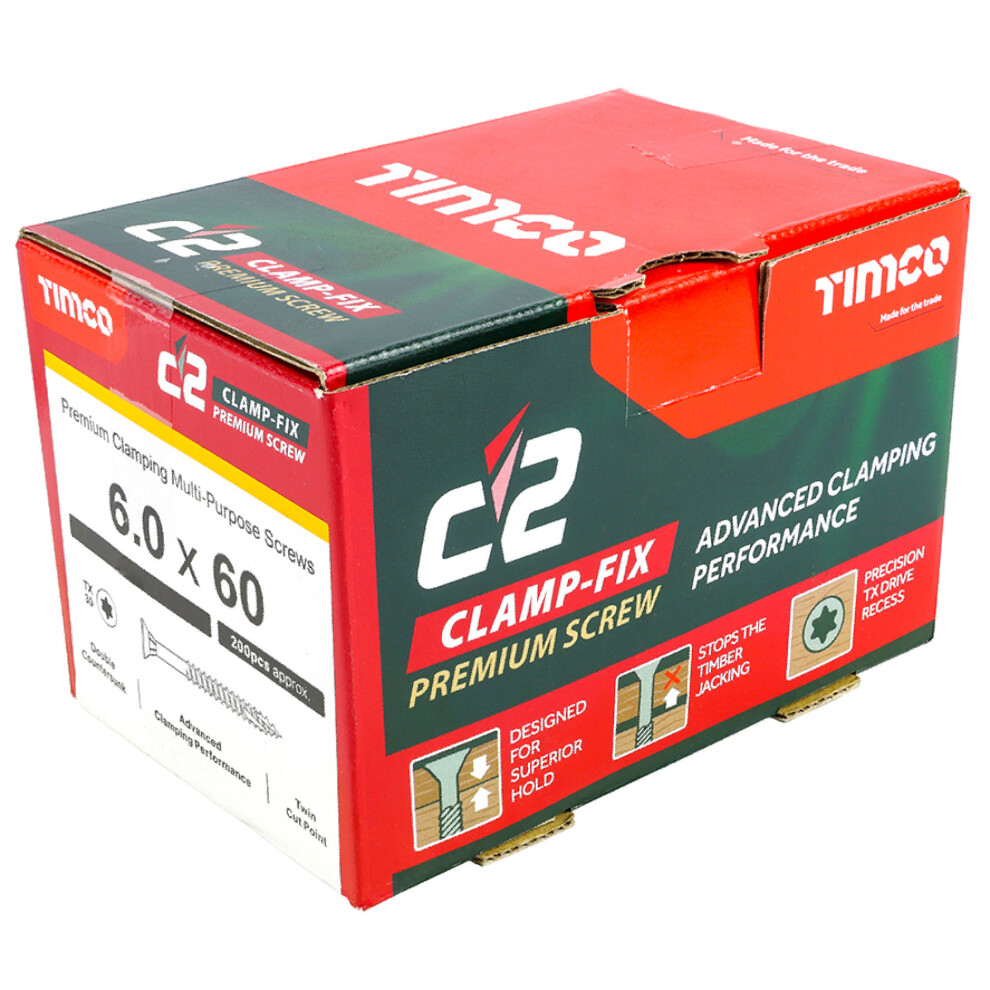Timco C2 Clamp-Fix Multi-Purpose Premium Countersunk Woodscrews 6.0 X 60Mm (200 Box) Gold
