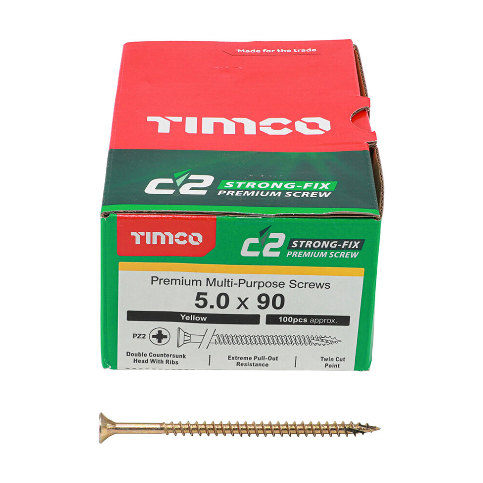 Timco Yellow C2 Strong-Fix Double Countersunk PZ2 Screws - 5 x 90mm ( 100 Box )-image-OPC-P9ZDVX5-NEW
