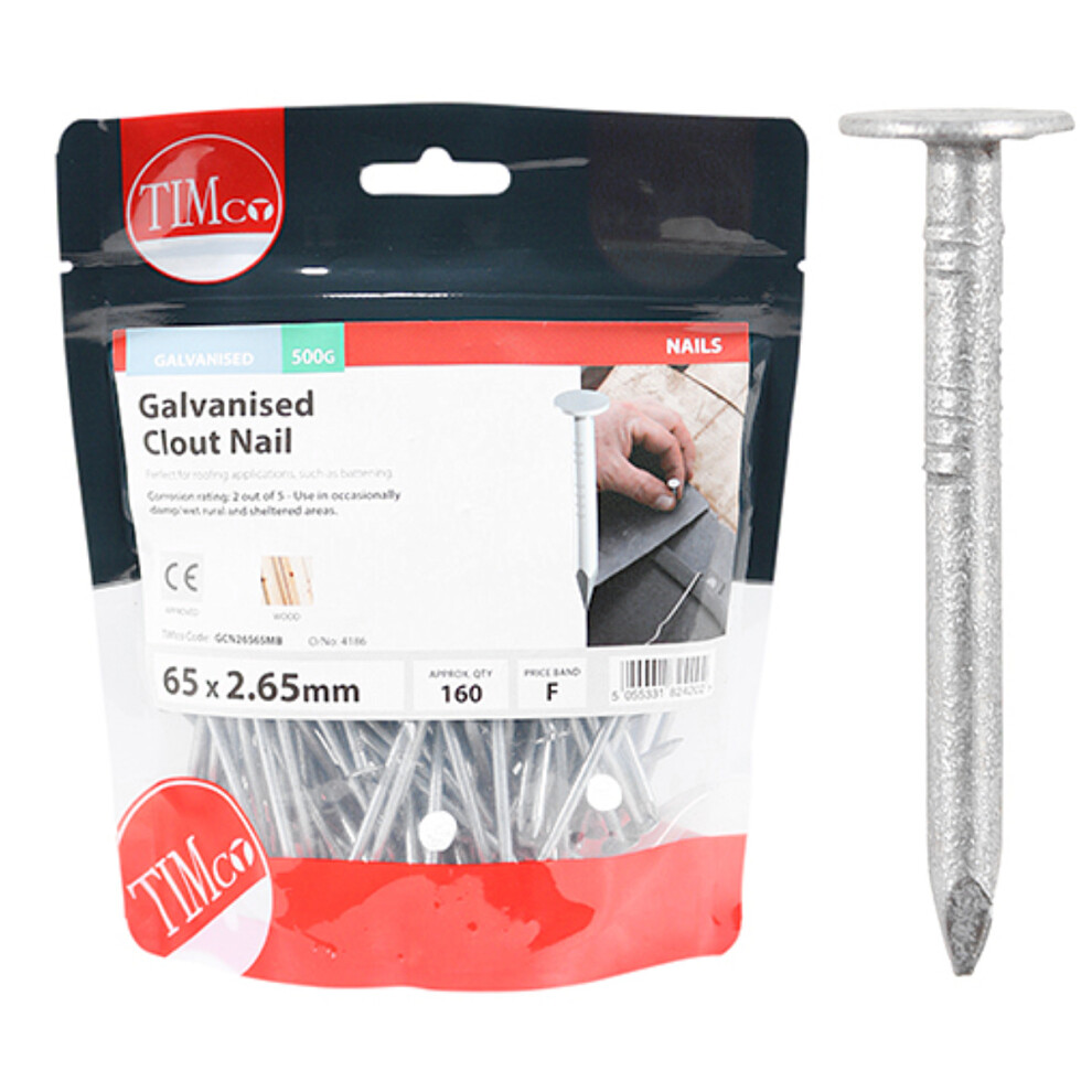 Timco Galvanised Clout Nails - 65 X 2.65 (0.5 Kilogram Pack)