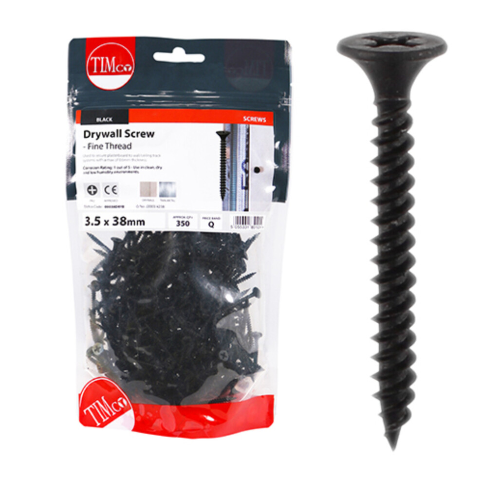Timco Plasterboard Screws Fine Thread (Black) - 3.5 x 38mm (350 Pack Bag)