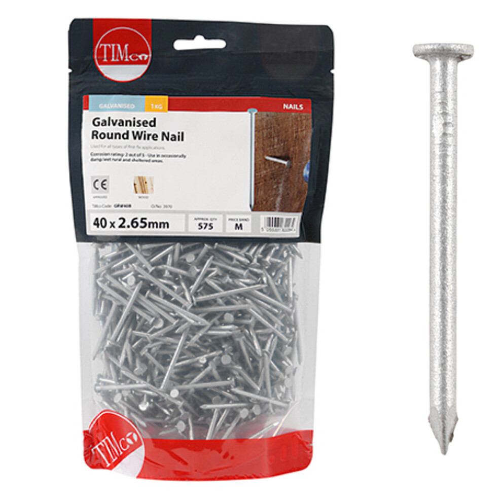 Timco Galvanised Round Wire Nails - 40 X 2.65 (1 Kilogram Pack)