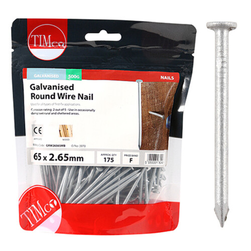 TIMco Timco Galvanised Round Wire Nails - 65 x 2.65 (0.5 Kilogram Pack)