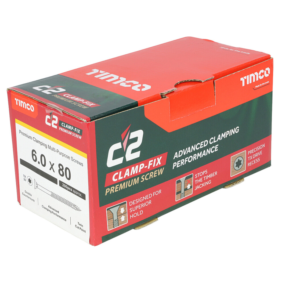 Timco C2 Clamp-Fix Multi-Purpose Premium Countersunk Woodscrews 6.0 X 80Mm (200 Box) Gold