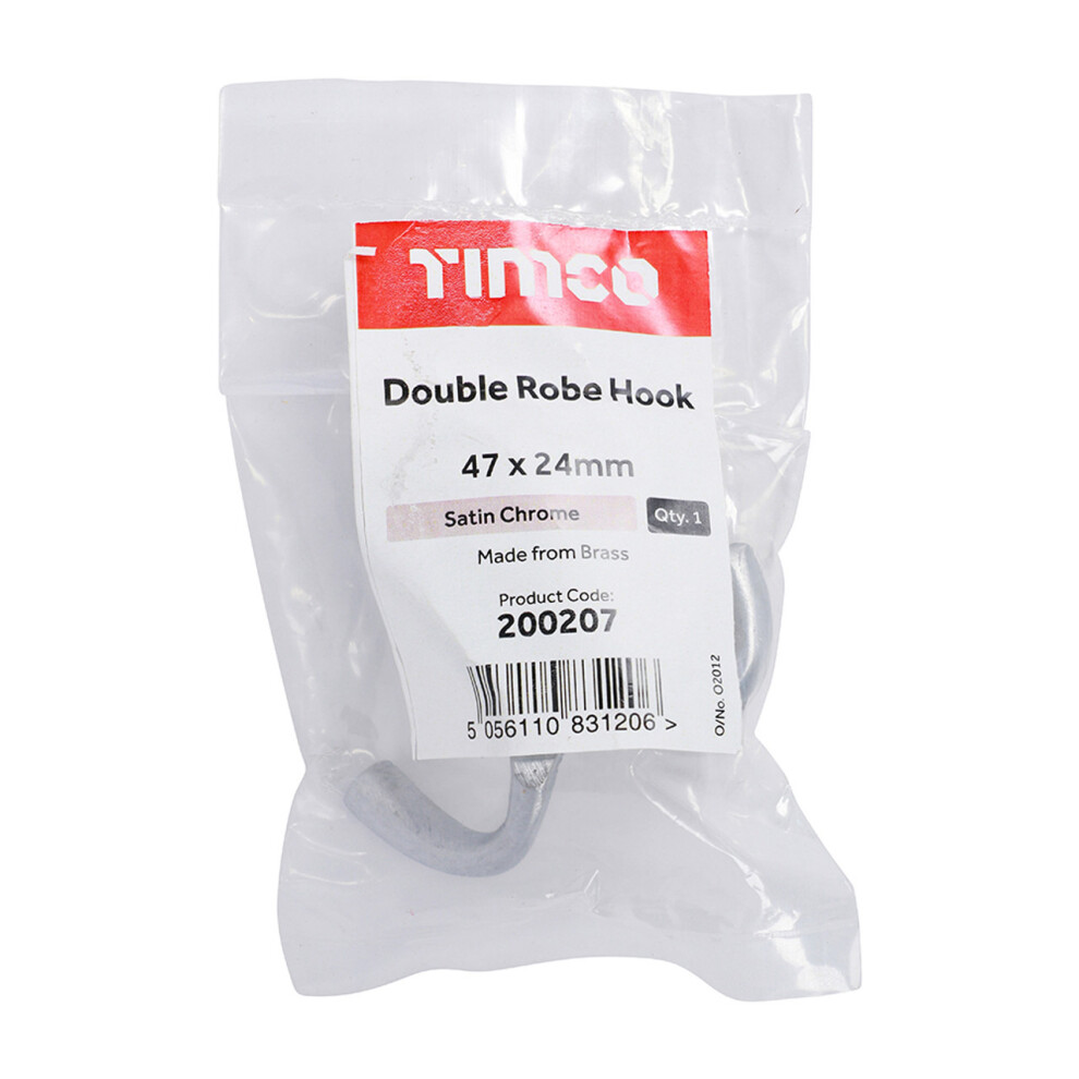 Timco Double Robe Hook Satin Chrome - 47 x 24mm (1 Pack Bag)