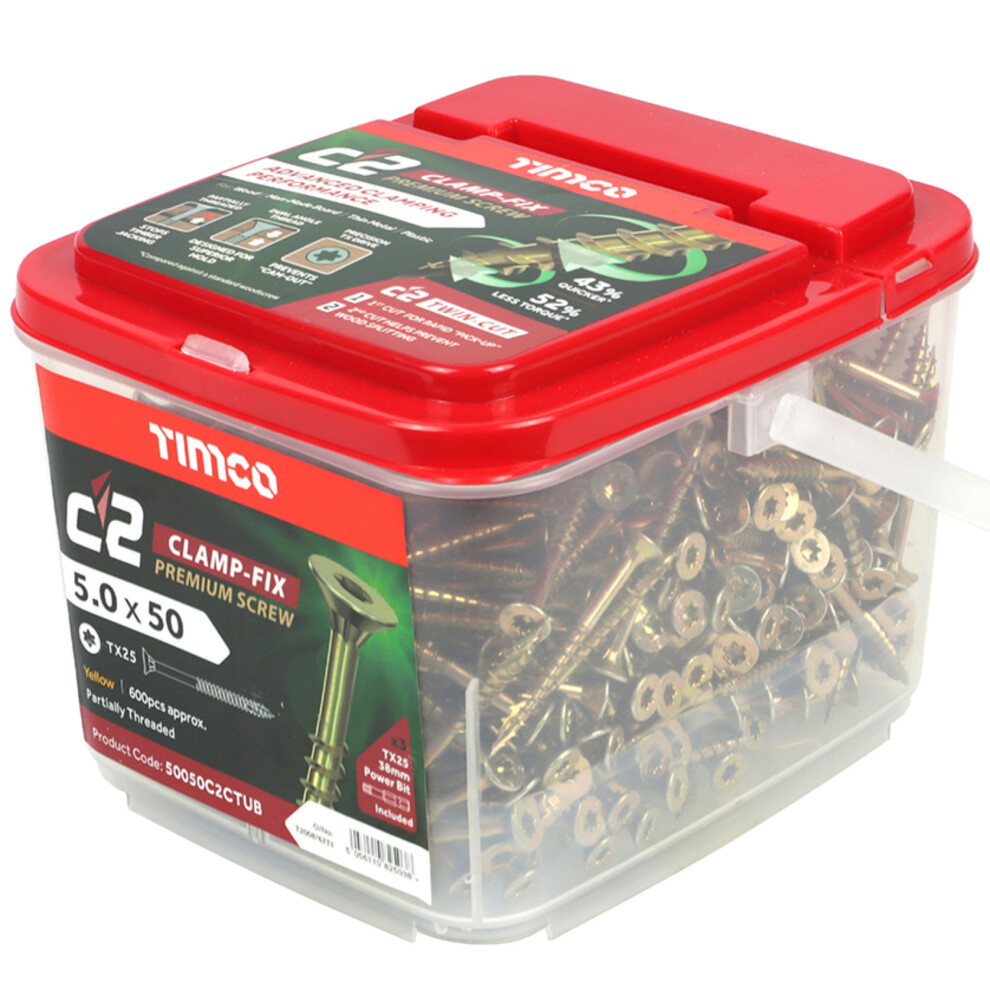 Timco C2 Clamp-Fix Multi-Purpose Premium Countersunk Woodscrews 5.0 X 50Mm (600 Tub) Gold