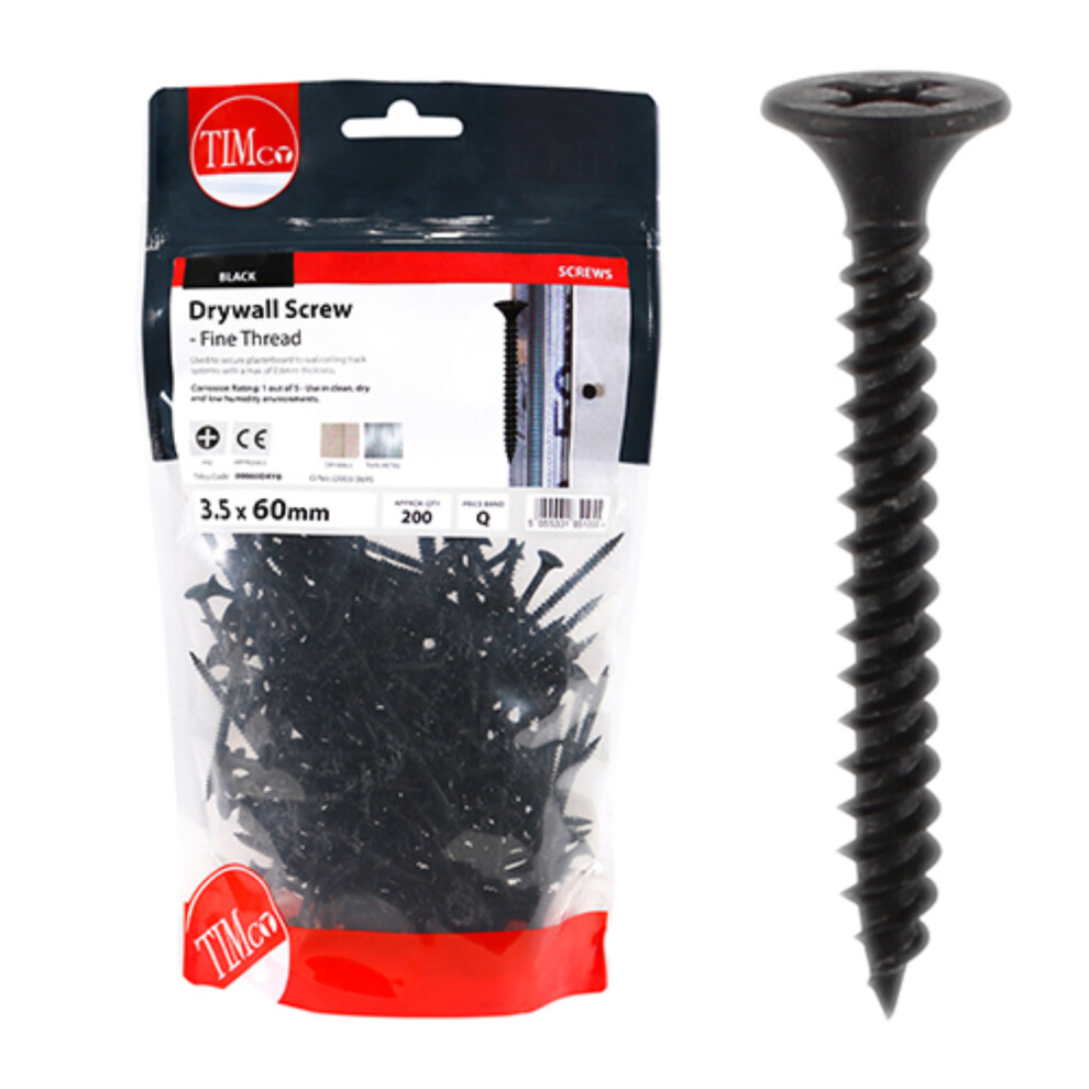 Timco Plasterboard Screws Fine Thread (Black) - 3.5 x 60mm (200 Pack Bag)