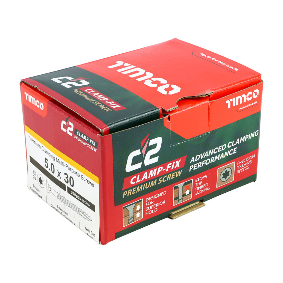 Timco C2 Clamp-Fix Multi-Purpose Premium Countersunk Gold Woodscrews 5.0 x 30mm (200 Box)-image-OPC-P9ZDVPS-NEW
