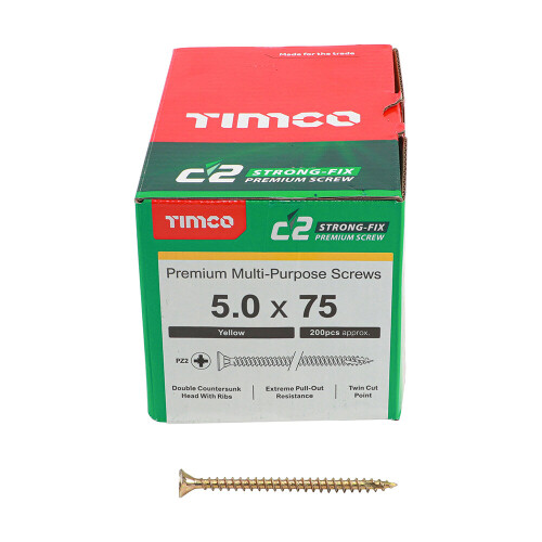 TIMco Timco Yellow C2 Strong-Fix Double Countersunk PZ2 Screws - 5 x 75mm ( 200 Box )