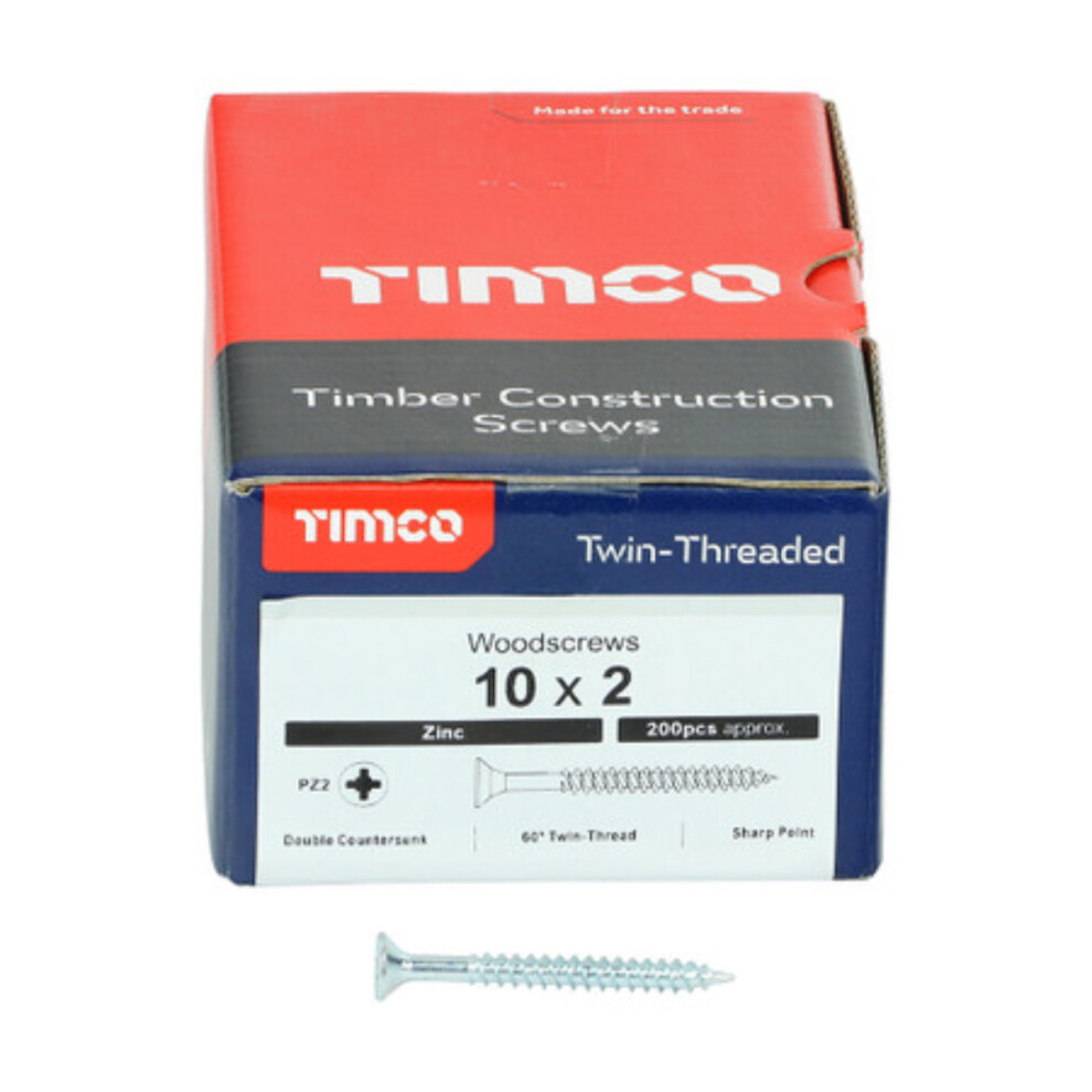 Timco Twin-Threaded Double Countersunk Silver Woodscrews - 10 x 2