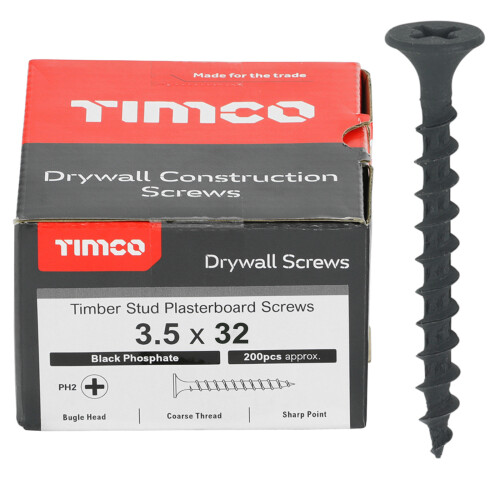 TIMco Timco Gipskarton-Schrauben Grobgewinde (schwarz) – 3,5 x 32 mm (200er Packung)