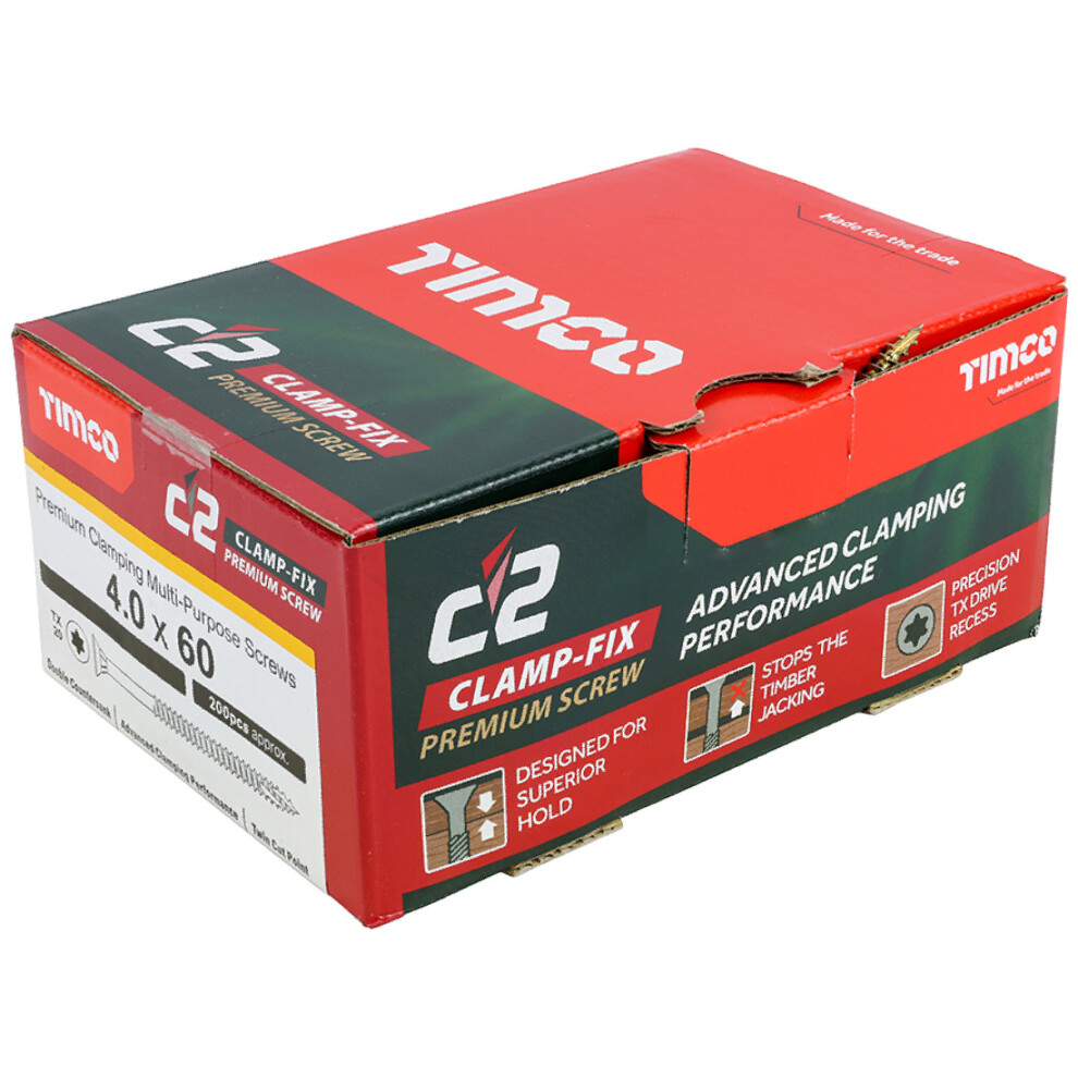 Timco C2 Clamp-Fix Multi-Purpose Premium Countersunk Woodscrews 4.0 X 60Mm (200 Box) Gold