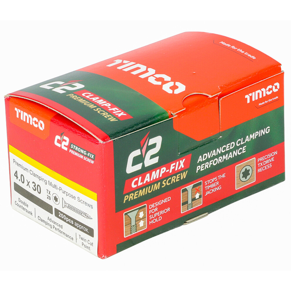 Timco C2 Clamp-Fix Multi-Purpose Premium Countersunk Gold Woodscrews 4.0 x 30mm (200 Box)