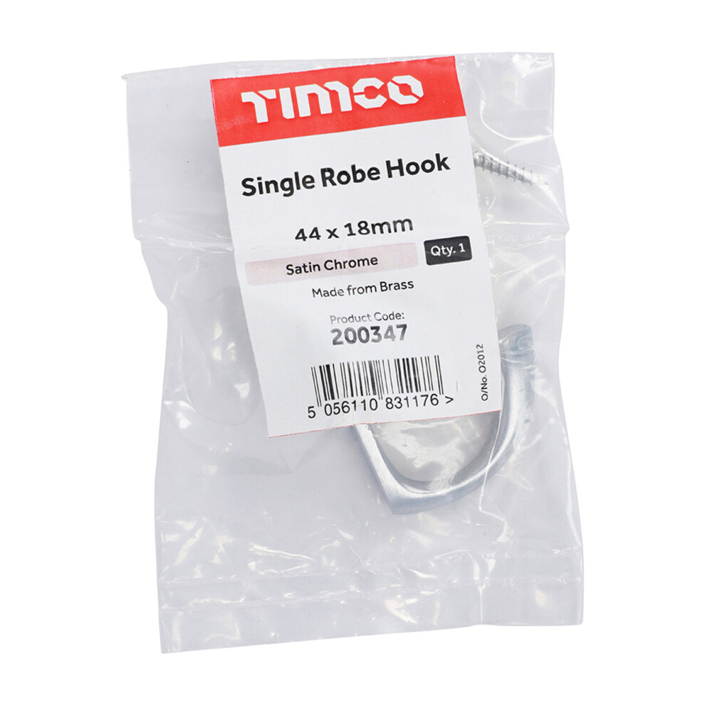 Timco Single Robe Hook Satin Chrome - 44 x 18mm (1 Pack Bag)