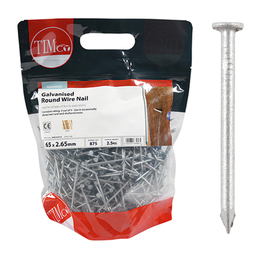 Timco Galvanised Round Wire Nails - 65 x 2.65 (2.5 Kilogram Pack)