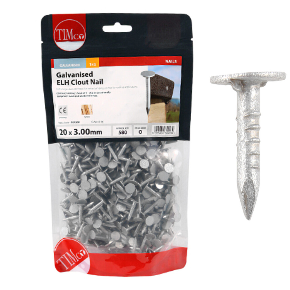 Timco Galvanised Extra Large Head Clout Nails - 20 x 3.00 (1 Kilogram Pack)