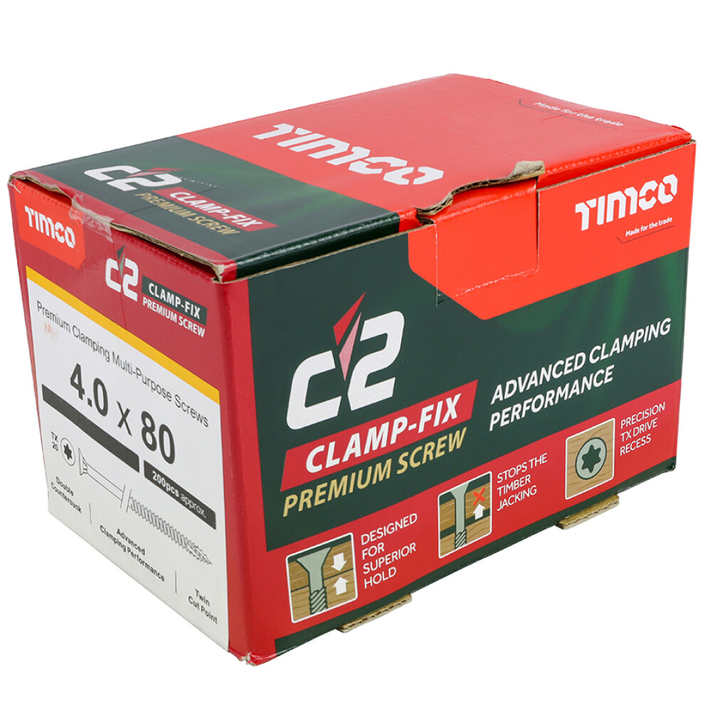 Timco C2 Clamp-Fix Multi-Purpose Premium Countersunk Woodscrews 4.0 X 80Mm (200 Box) Gold
