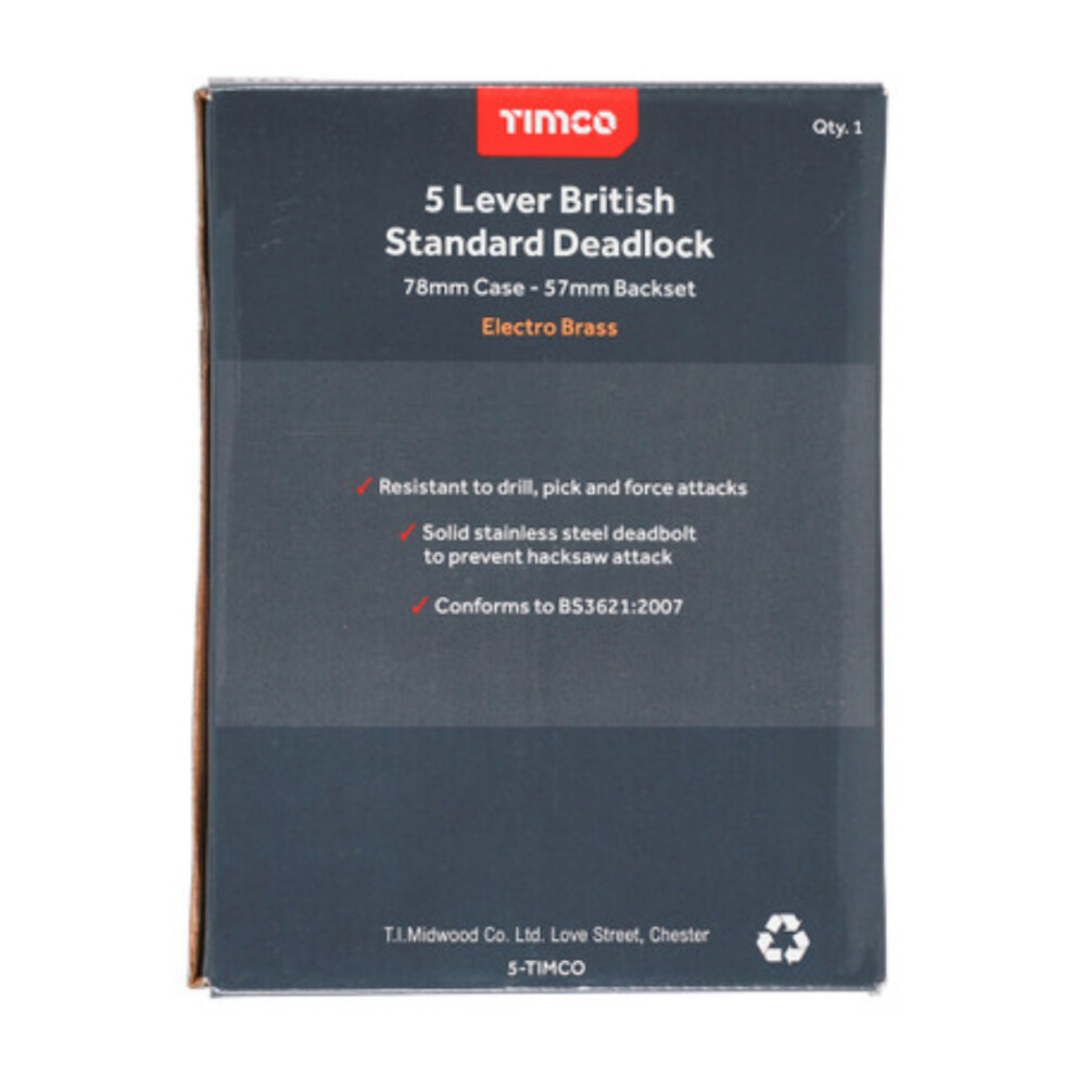 Timco 5 Lever British Standard Deadlock Electro Brass - 78mm (1 Pack Box)