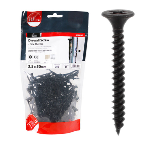 TIMco Timco Plasterboard Screws Fine Thread (Black) - 3.5 x 50mm (250 Pack Bag)