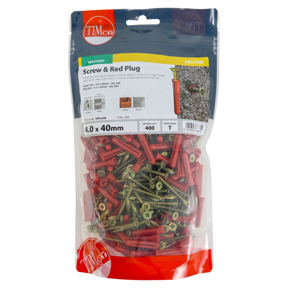 TIMco Red Plastic Plugs With Screws 30mm - 200 Pack