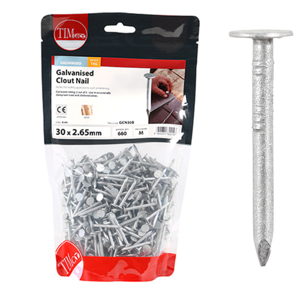 Timco Galvanised Clout Nails - 30 x 2.65 (1 Kilogram Pack)