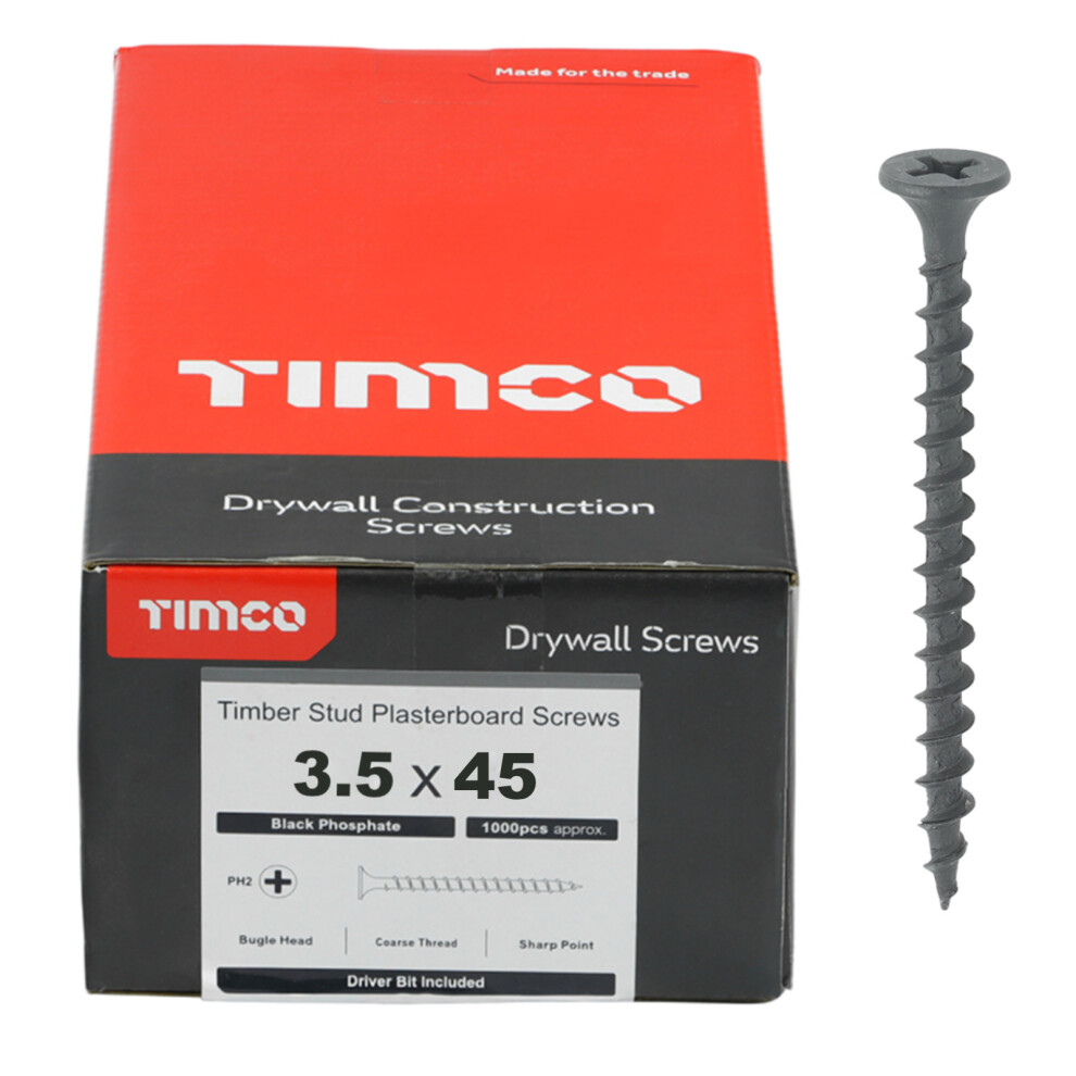 Timco Plasterboard Screws Coarse Thread (Black) - 3.5 X 45Mm (1000 Pack Box) 5056110853130