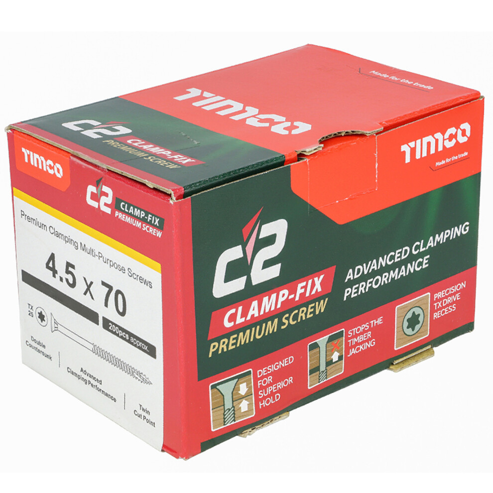 Timco C2 Clamp-Fix Multi-Purpose Premium Countersunk Woodscrews 4.5 X 70Mm (200 Box) Gold