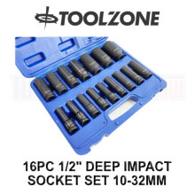 Toolzone 16PC 1/2" DR 6 Point Deep Impact Socket Set 10 - 32mm SS244