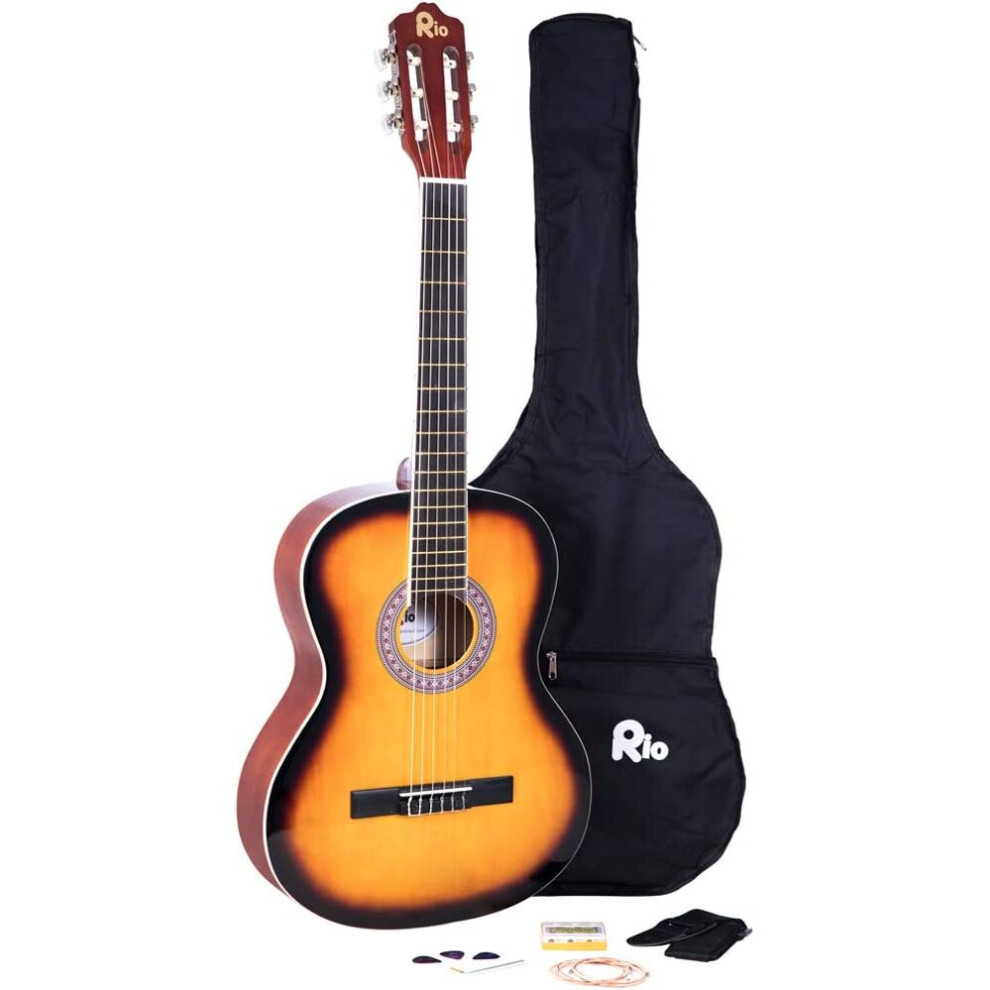 Rio 39'' 4/4 Full Size Acoustic Nylon Classical String Guitar Package Pack - New (Sunburst)