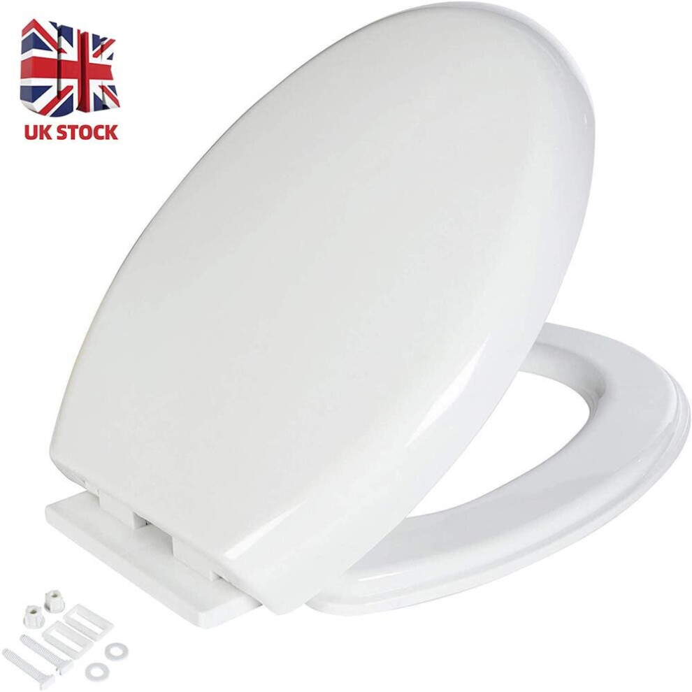 Toilet Seat Round With Non-Slip Seat Bumpers, Universal Quiet-Close Toilet Lid, Never Loosen And Easy To Install, Durable Plastic, White, Fits Standar