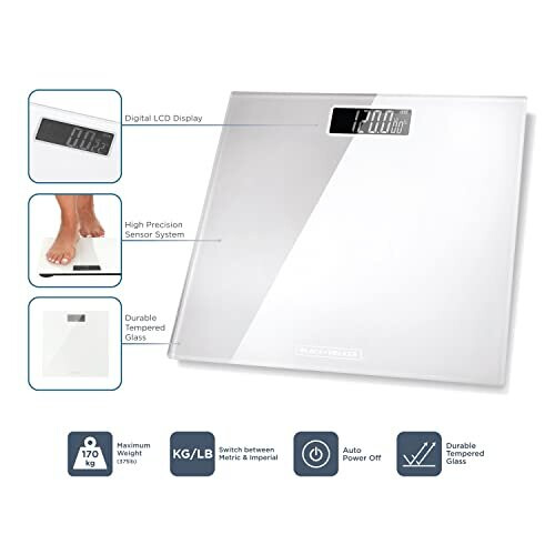 Black + Decker BLACK+DECKER BXBS0001GB Digital Bathroom Scale, High Precision Sensor System, Durable Tempered Glass, LCD Display, White 1