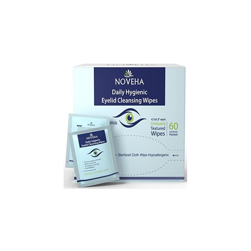 Noveha Daily Hygienic Eyelid & Lash Wipes | For Blepharitis & Itchy Eyes Demodex | Box Of 60 Individually Wrapped Eyelash Wipes Natural Makeup