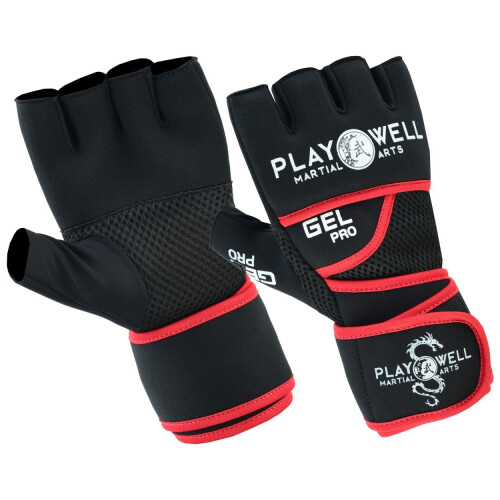 (Small / Medium ) PLAYWELL ELITE PRO GEL HAND WRAP INNER GLOVES - BLACK/RED