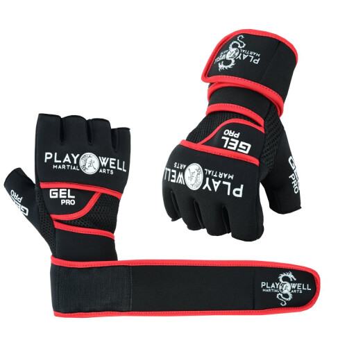 (Small / Medium ) PLAYWELL ELITE PRO GEL HAND WRAP INNER GLOVES - BLACK/RED 1