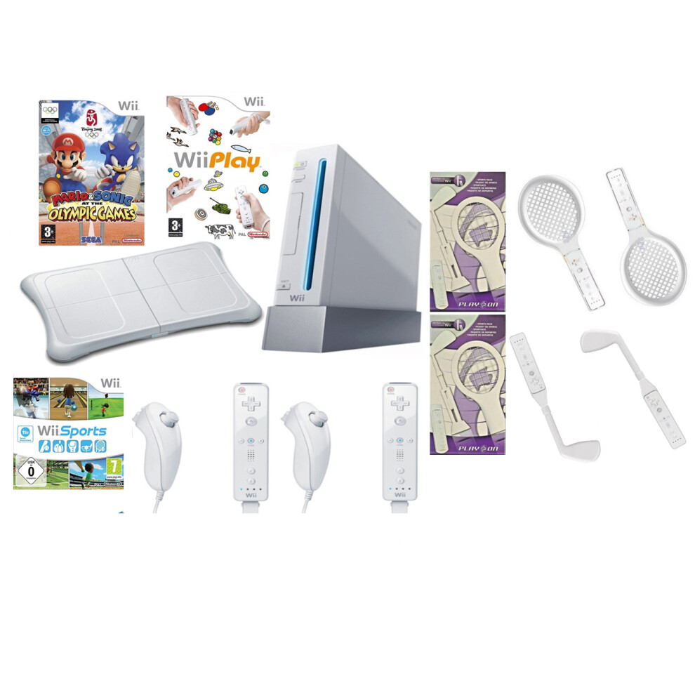 Nintendo (Family Bundle) Wii Mega Bundle Remotes Motionplus Fit Board Sports Mario Golf Tennis