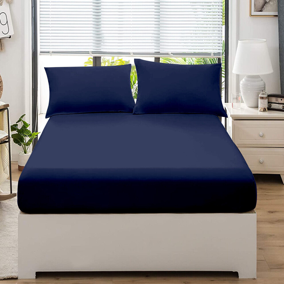 (Navy , King ) Extra Deep Flannelette Brushed Cotton Fitted Sheet