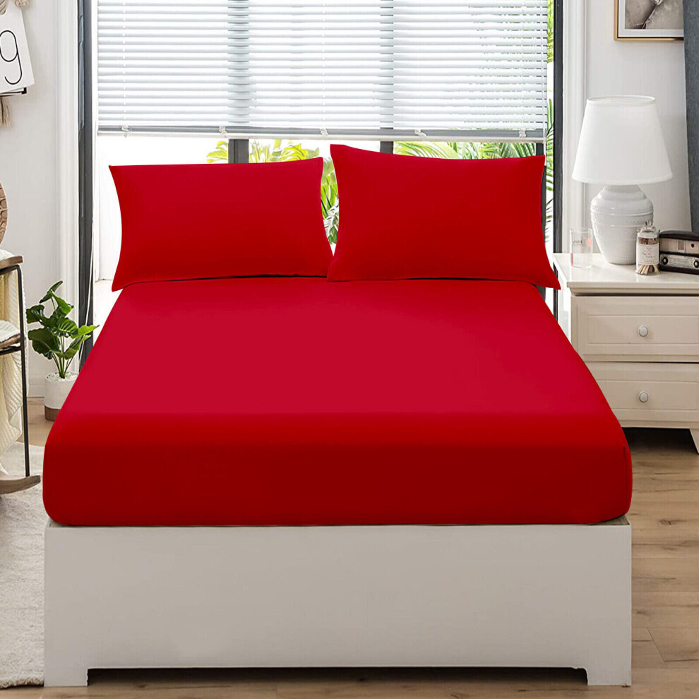 (Red, Super King ) Extra Deep Flannelette Brushed Cotton Fitted Sheet