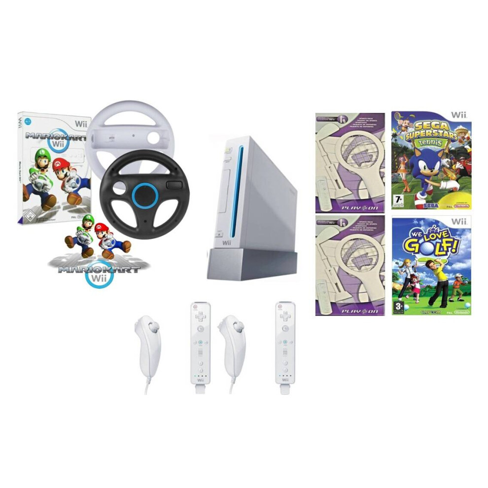 Nintendo Wii Console + Mario Kart 2 Wheels 2 Remotes 2x Tennis Golf Rackets