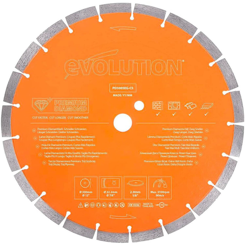 Evolution (Pd300seg-Cs) - 300 Mm Premium Multi Material Diamond Blade For Disc Cutters - Faster Cutting And Longer Blade Life - Ideal For Cutting 849713091413