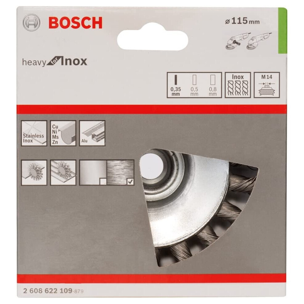 Bosch 2608622109 Conical Brush Knotted Wire 0.35mm, 115mm x M14, Inox, Silver/Green
