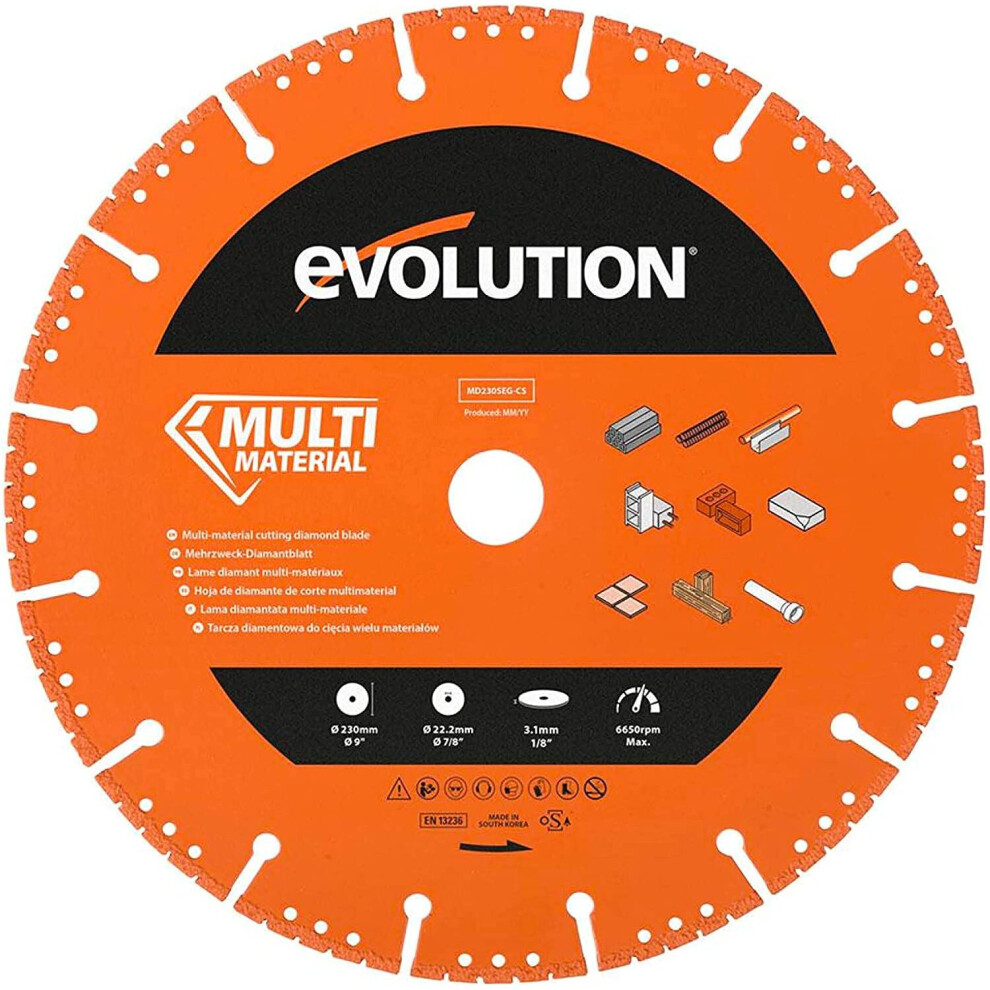 Evolution (MD230SEG-CS) - 230 Mm Multi Material Diamond Blade For Disc Cutters - Superior Quality Diamonds - Segmented Rim Removes Debris From Cut