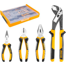 INGCO 4 Pcs Pliers Set 8" Combination Pliers 7" Diagonal Cutting Pliers 6? Long Nose Pliers 10" Pump Pliers with Stackable Plastic Box HKTV01P041