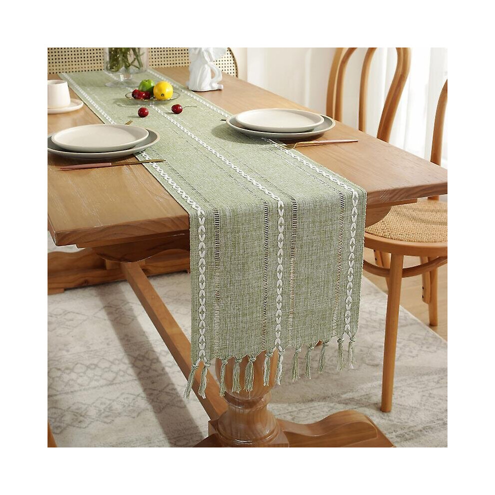 (Green) Tassel Linen Dining Table Runner Rustic Farmhouse Tablecloth Woven Table Cover-image-OPC-P9ZJM5P-NEW
