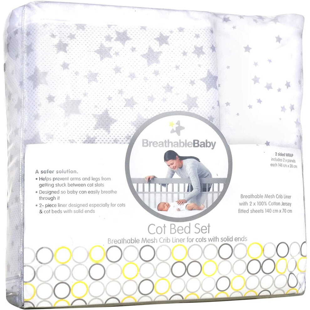 Ding Set, Star Cot Liner With 2 Matching Sheets, Twinkle Cot Bed Grey Breathablebaby