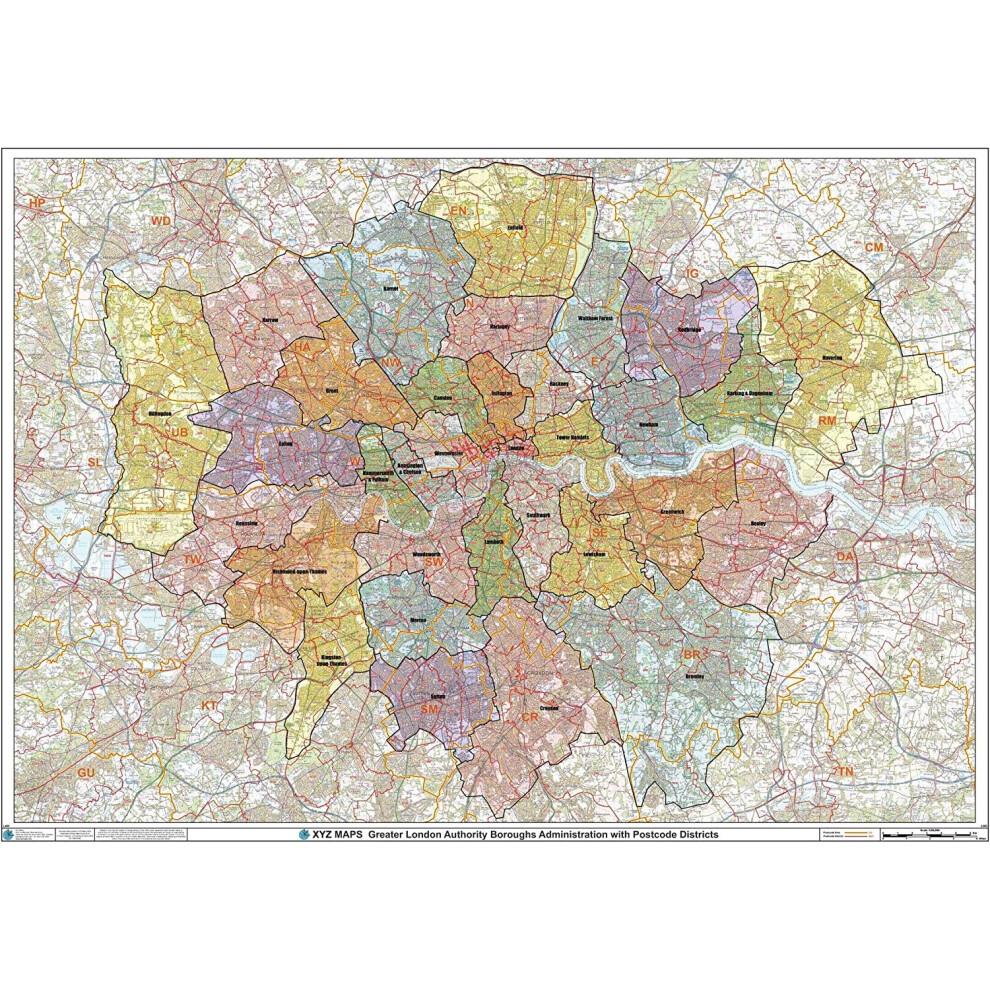 Greater London Authority Boroughs with Postcode Districts Wall Map - 47" x 33.25" Laminated