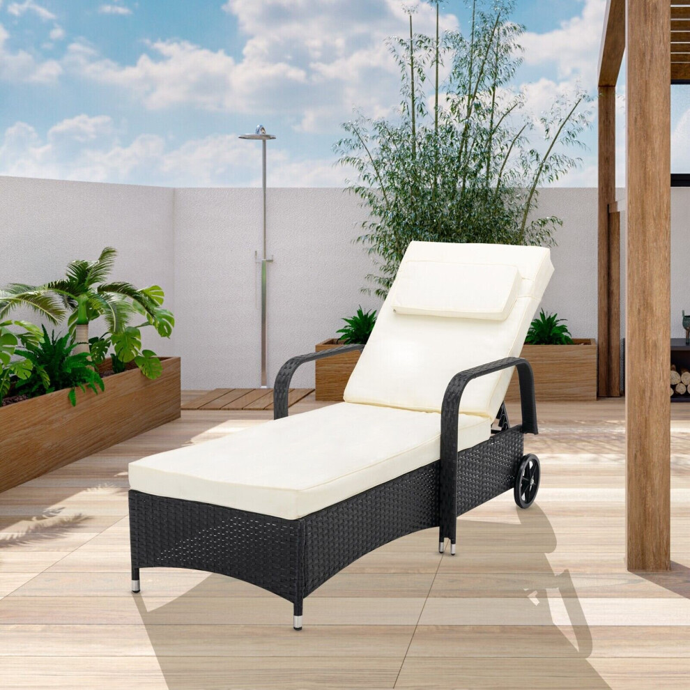 (BLACK) Rattan Sun Lounger Bed Recliner Outdoor Garden Chair